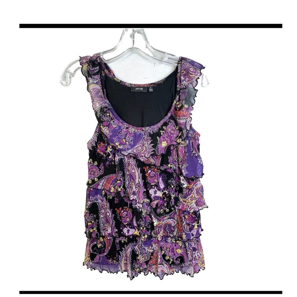 Ruffled Tank Top Women Small Sleeveless Purple Black Paisley Night Out Feminine